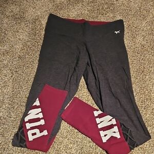 Pink Victoria Secret Women's Yoga Leggings - Dark Gray and Maroon.